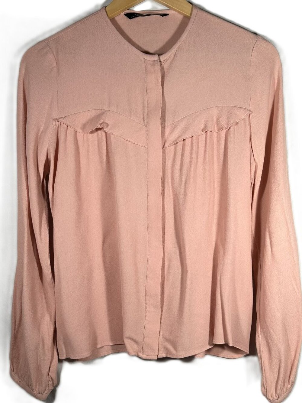 ZARA Woman Blouse M Dusty Pink 100% Viscose Long Sleeve Ruffle Button Top